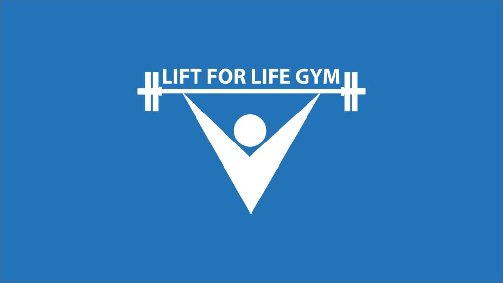 Lift for life gym logo with stylized stick person lifting barbell