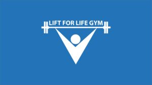 Lift for life gym logo with stylized stick person lifting barbell