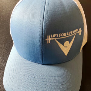 blue and white snapback hat with the lift for life logo