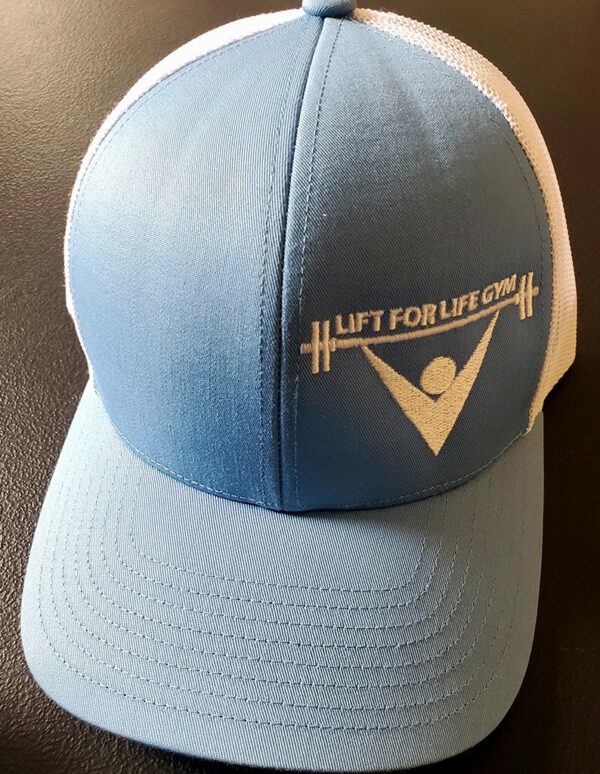 blue and white snapback hat with the lift for life logo